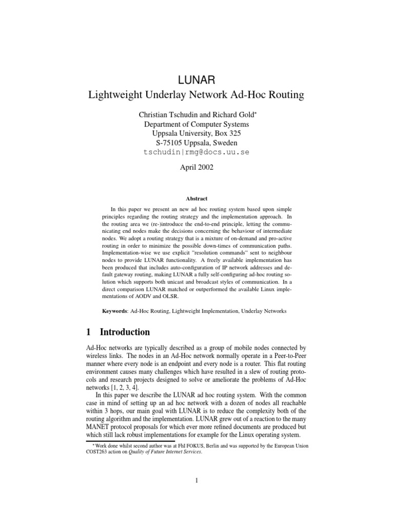 Lightweight Underlay Network AdHoc Routing Lunar Download Free PDF