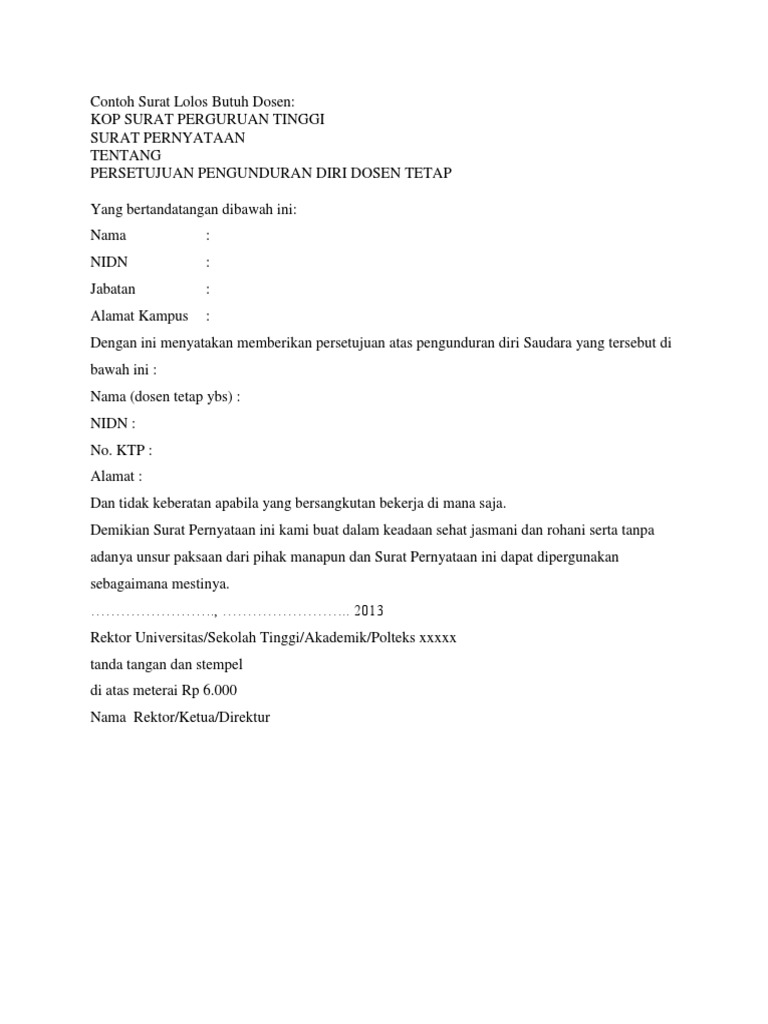 Contoh Surat Lolos Butuh Dosen