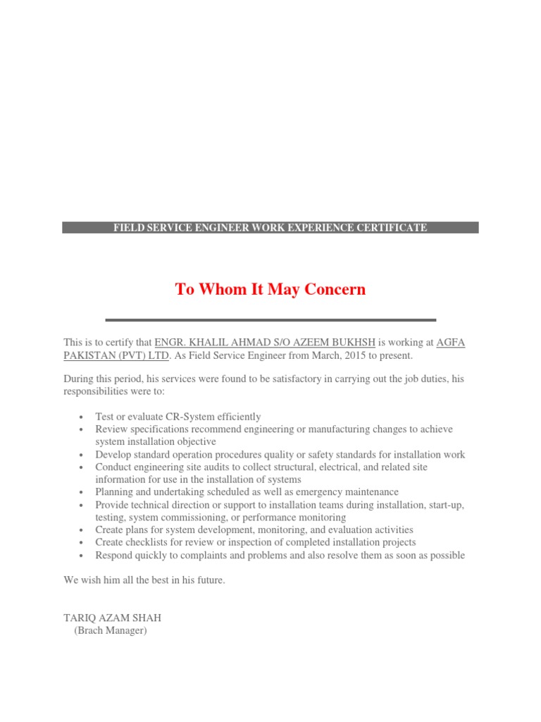 Field Service Engineer Work Experience Certificate | PDF | Engineering |  Business