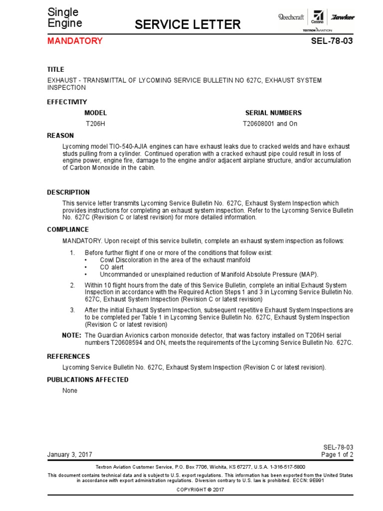 Transmittal of Service Bulletin No 627C, Exhaust System