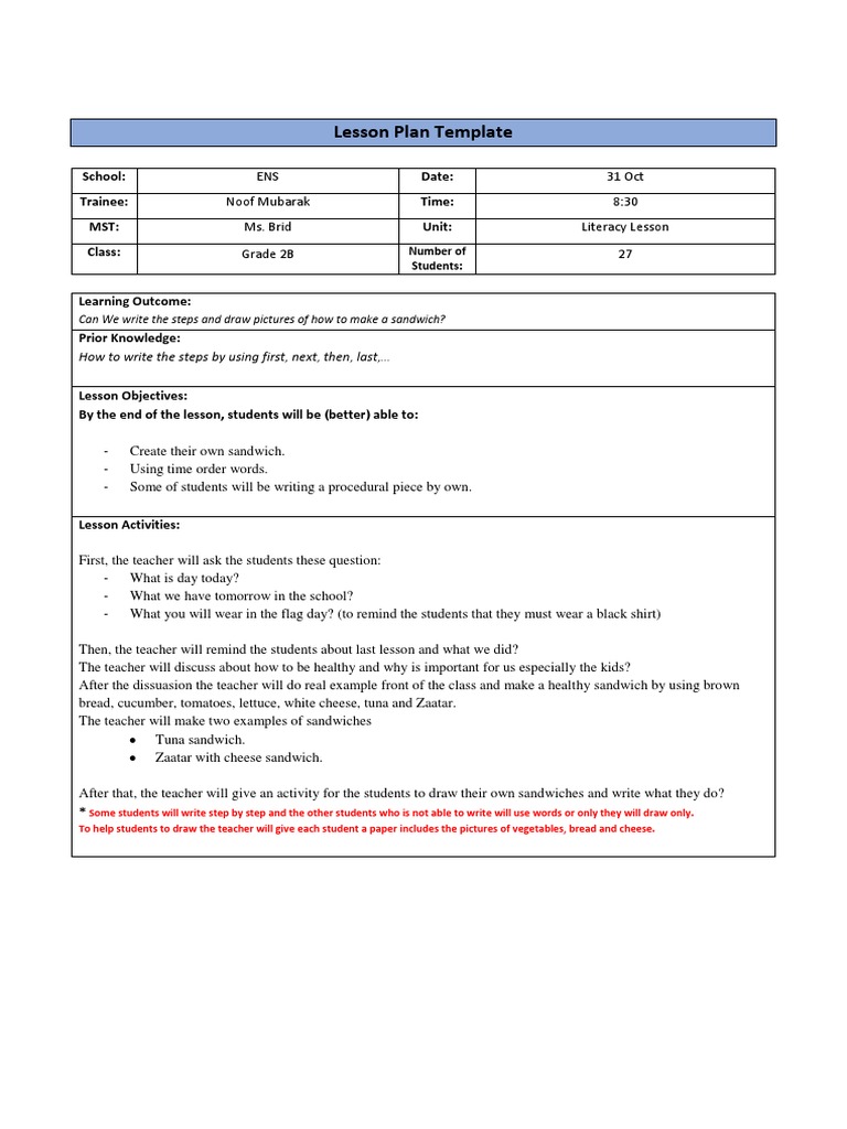 Grade 2 Literacy Lesson Plan: Sandwiches | PDF | Lesson Plan | Teachers