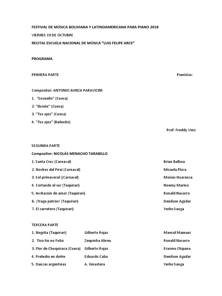 Festival de Música Boliviana y Latinoamericana para Piano 2018 | PDF