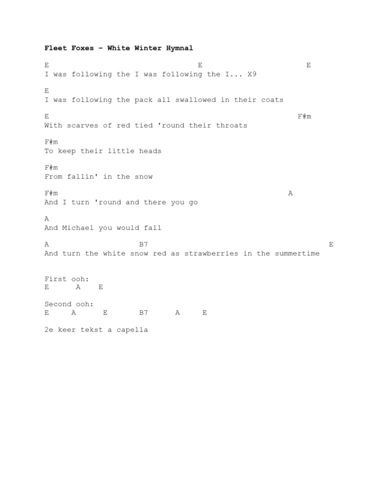 A PDF document image related to Fleet Foxes 'White Winter Hymnal' lyrics and music in a winter-themed presentation