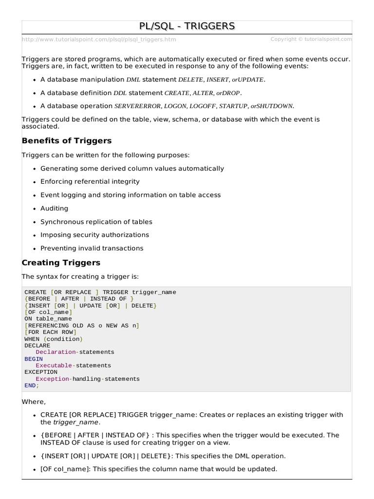 PLSQL Triggers | PDF | Pl/Sql | Sql