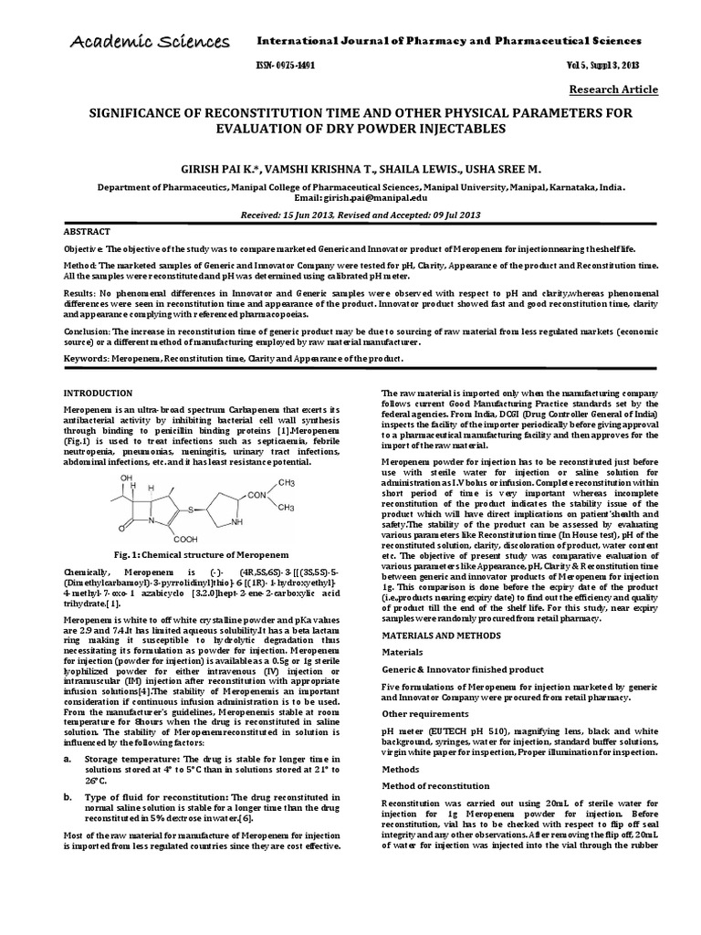 Journal Significance of Reconstitution Time For Dry Powder Injectables