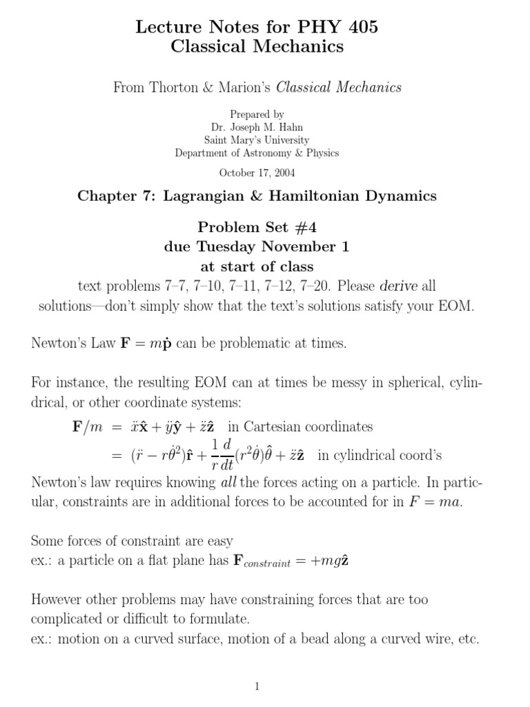 Lecture Notes For PHY 405 Classical Mechanics | PDF | Lagrangian ...