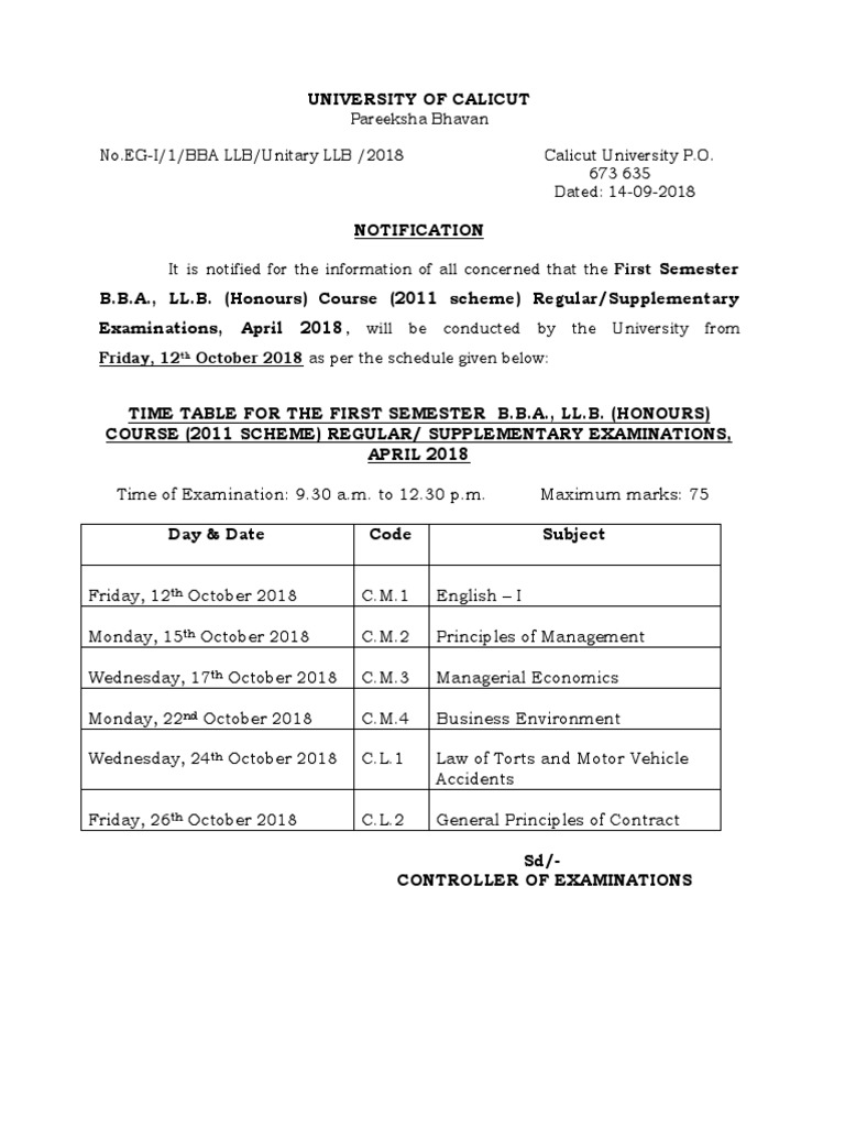 BBA LLB First Semester Exam Schedule | PDF