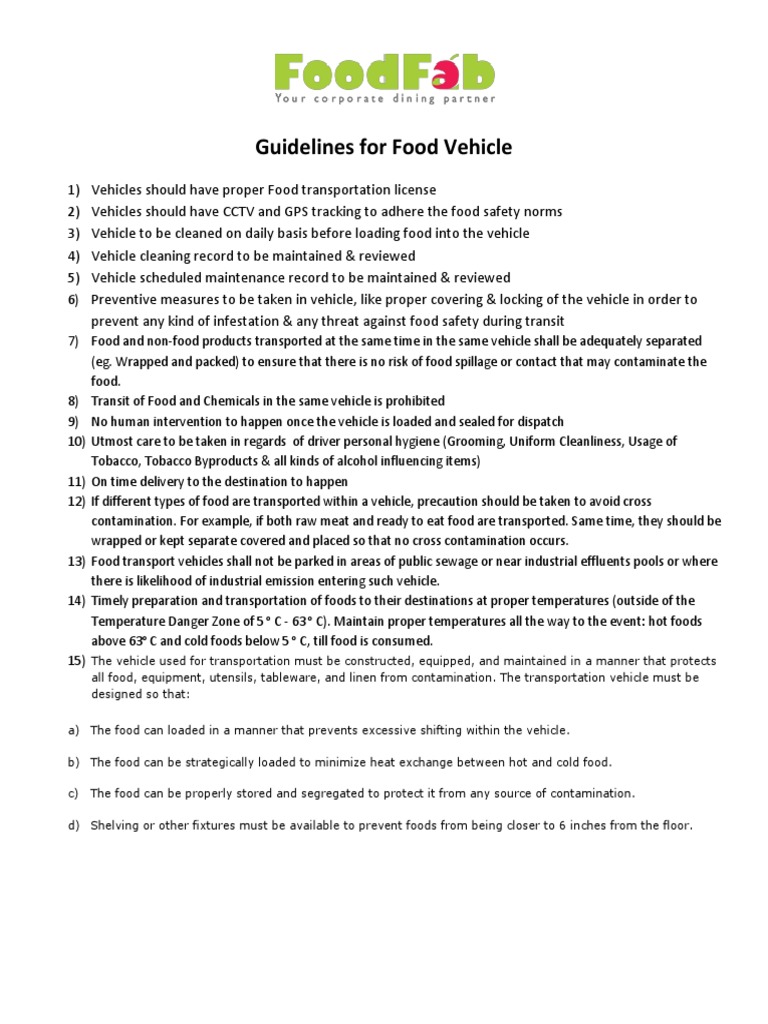 Guildelines For Food Vehicle | PDF | Hygiene | Foods