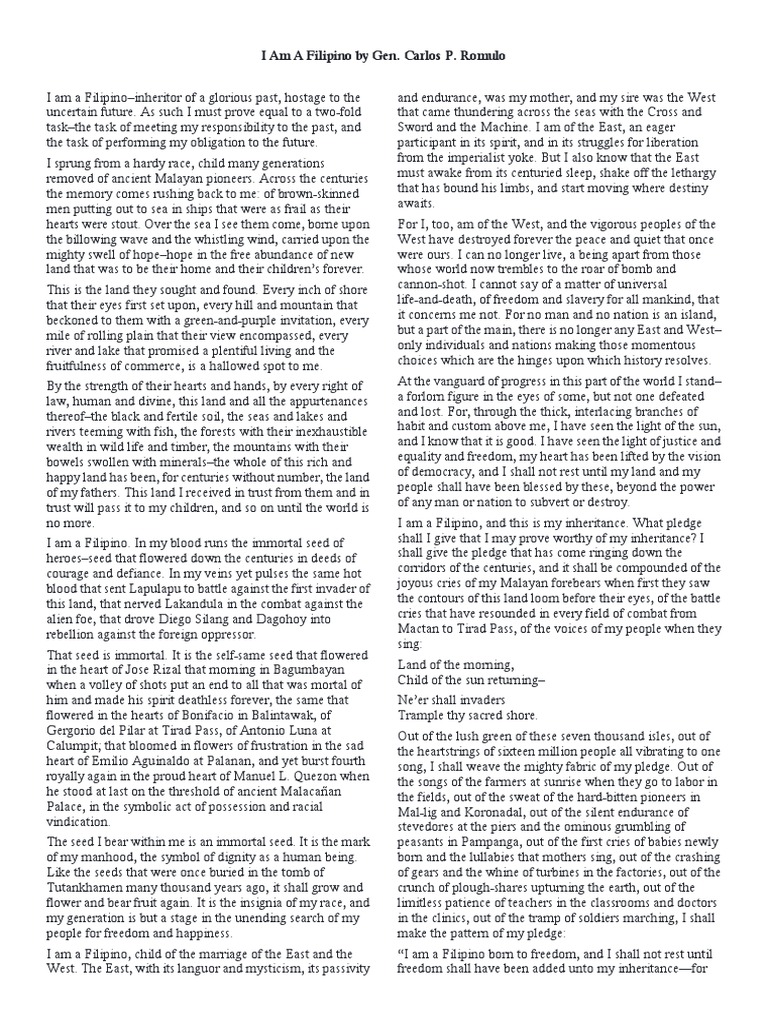 I Am A Filipino by Gen. Carlos P. Romulo | PDF | Nature