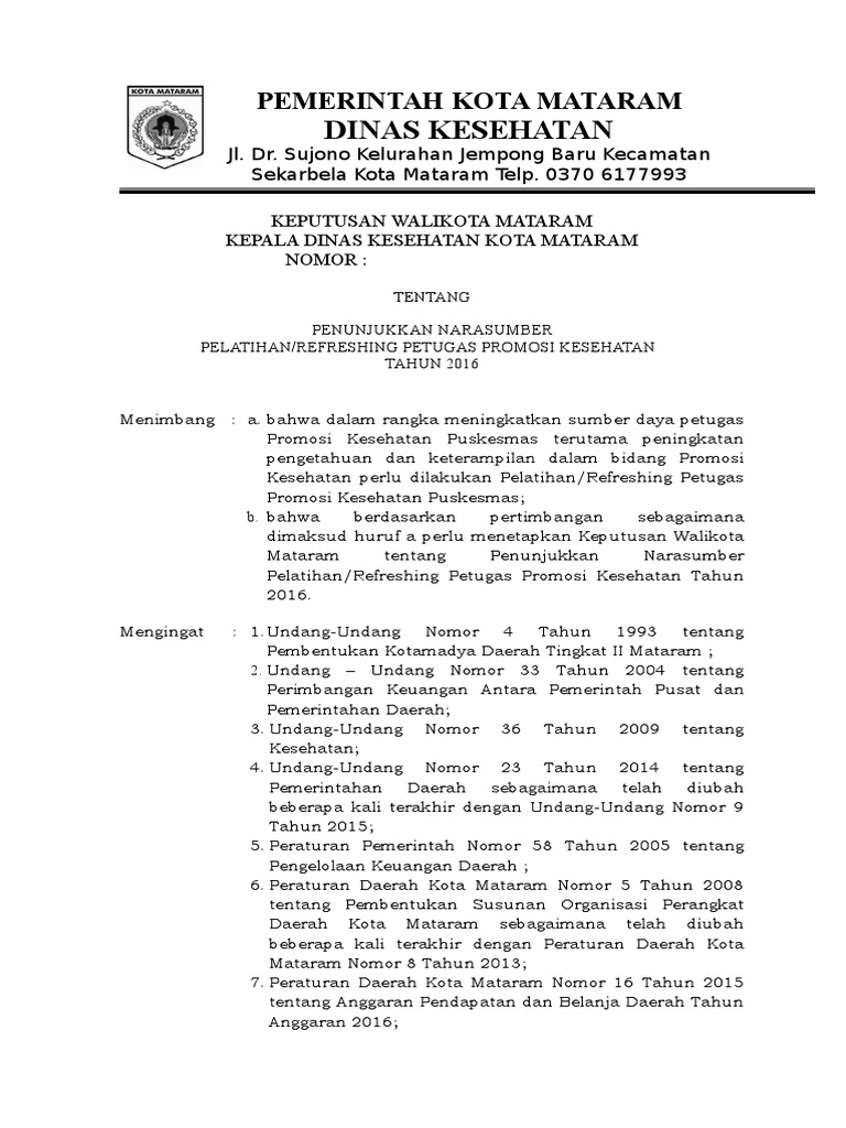 SK Narasumber Pelatihan Promkes 2016
