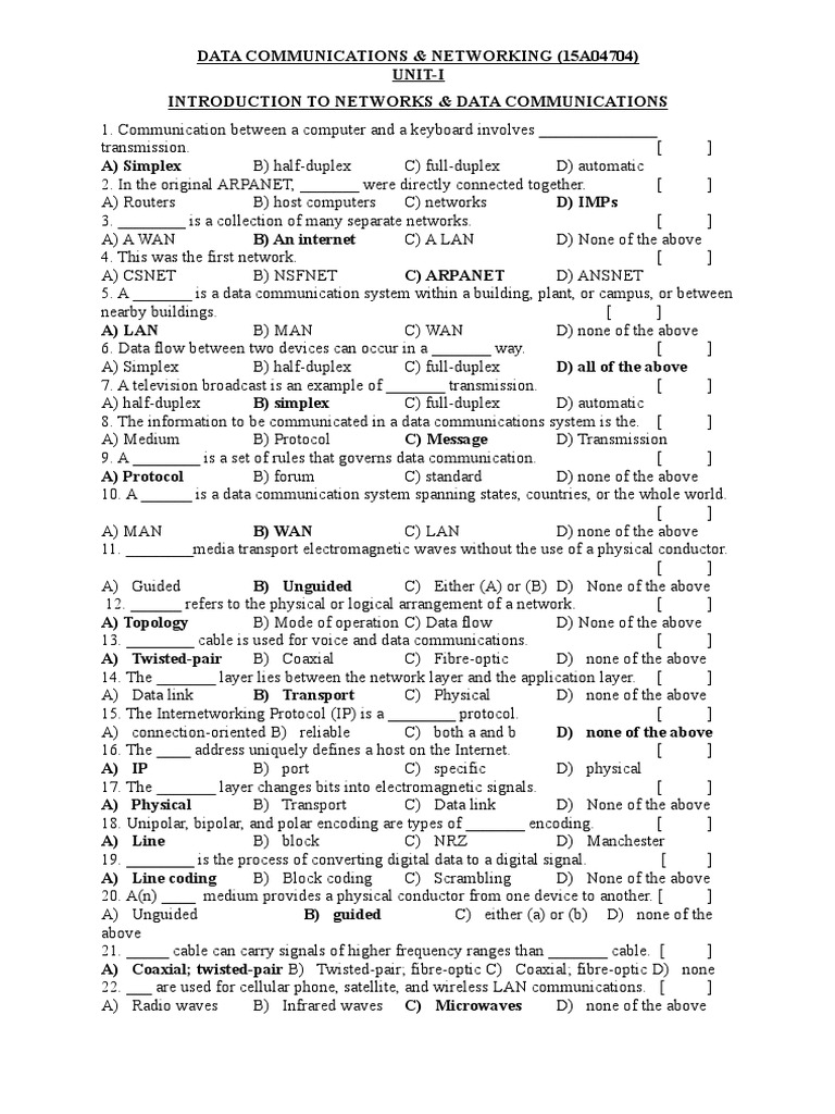DCN Unit Wise Bits With Answers Ss | PDF | Routing | I Pv6