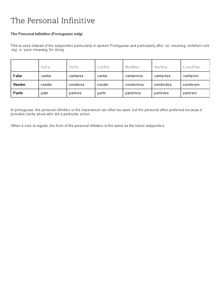 The Personal Infinitive - Portuguese | PDF | Language Arts & Discipline