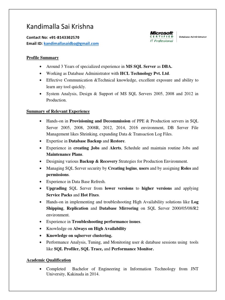 Resume Saikrishna | PDF | Microsoft Sql Server | Replication 