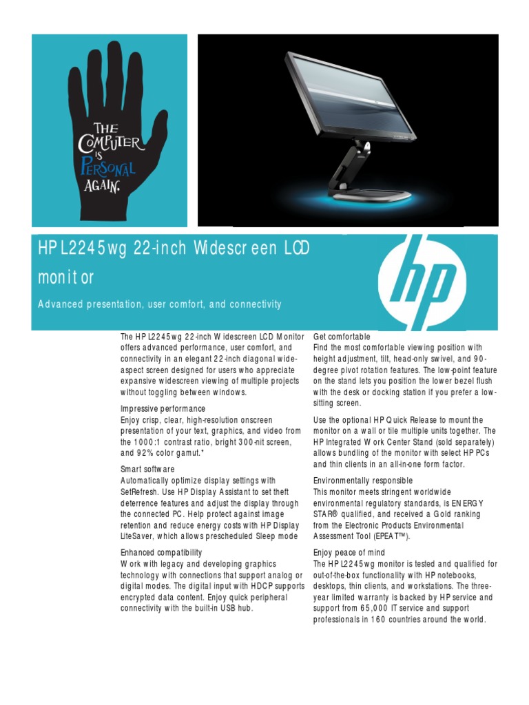 HP L2245wg 22Inch Widescreen LCD Monitor Datasheet En Thin Film