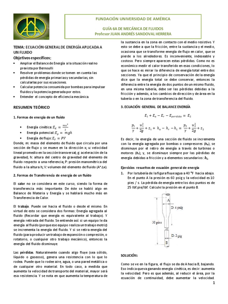 Potencia que el agua transmite a una Turbina, Ecuación general de la  Energía, Mecánica de Fluidos 