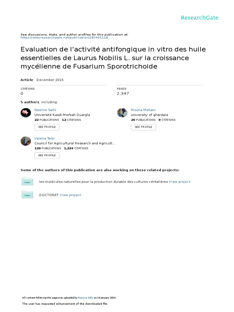 Evaluation De L Activite Antifongique In Vitro Des Huile Essentielles De Laurus Nobilis L Sur La Croissance Mycelienne De Fusarium Sporotrichoide La Nature
