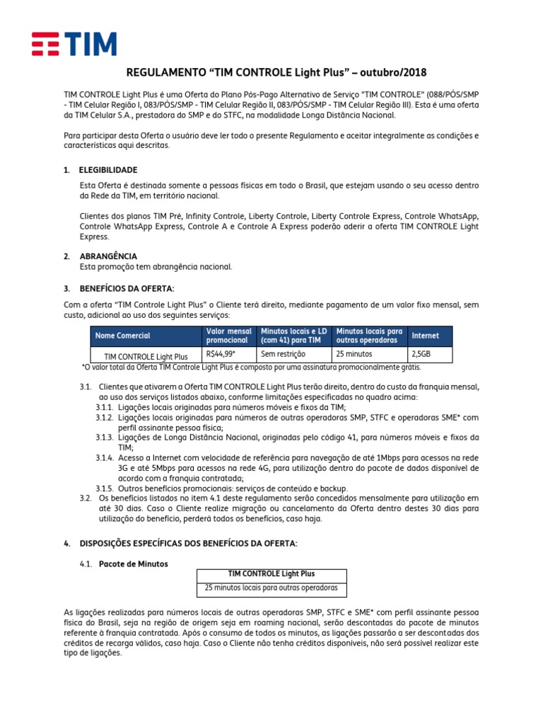 Regulamento TIM Controle Light, PDF, Cartão de crédito