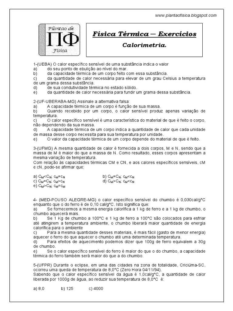 Exercícios sobre calorimetria e mudança de estado da matéria | PDF ...