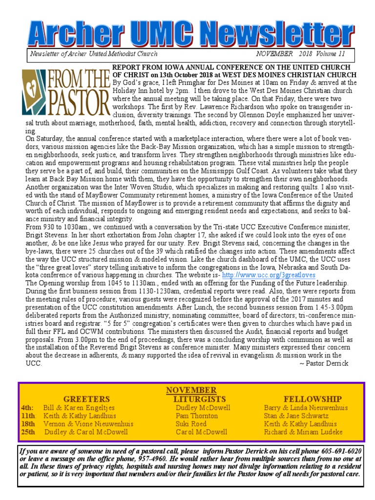 November 2018 Archer UMC Newsletter PDF United Methodist Church