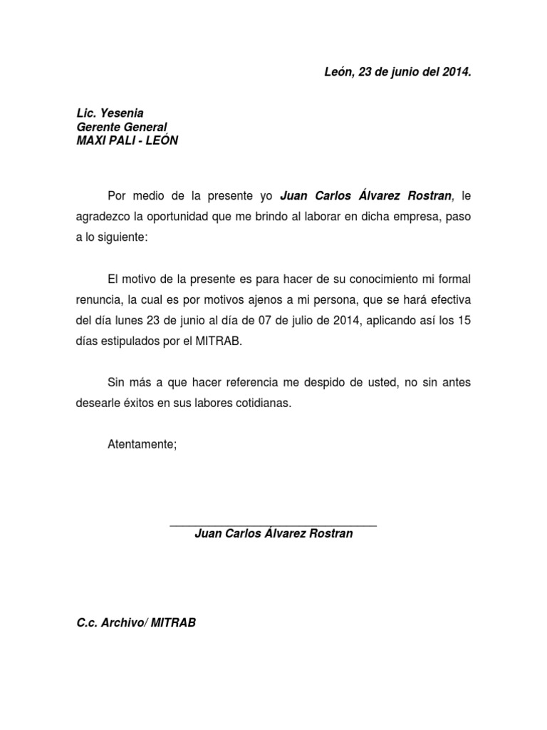 Carta de Renuncia INMEDIATA