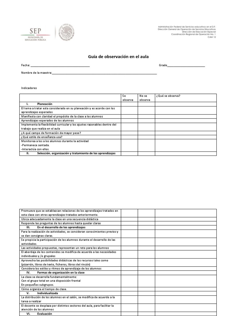 Guía de Observación en el Aula | PDF | Salón de clases | Aprendizaje