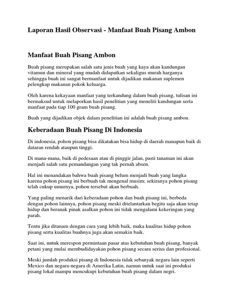 Contoh Teks Laporan Hasil Observasi Tentang Pohon Pisang