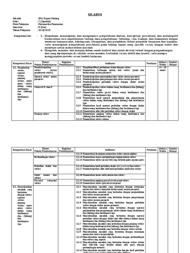Silabus Matematika Vektor SMA Kelas X | PDF | Metode & Bahan Ajar