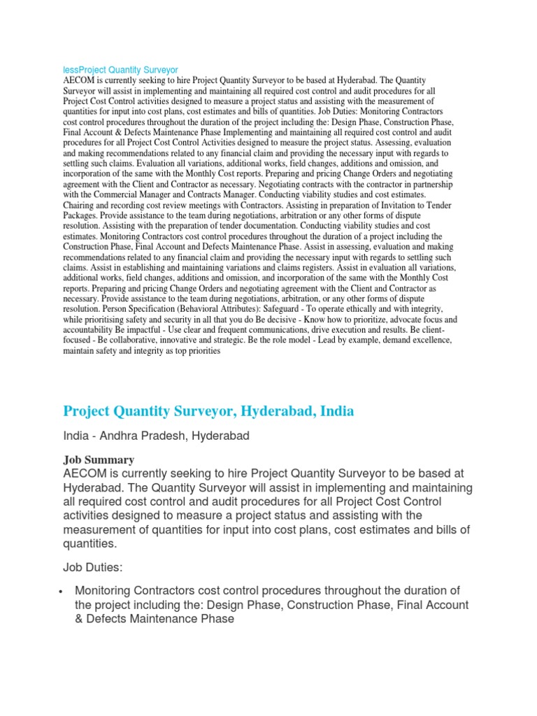 Comprehensive Job Description for a Project Quantity Surveyor Position