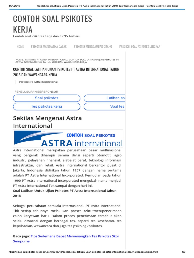 Contoh Soal Latihan Ujian Psikotes PT Astra International