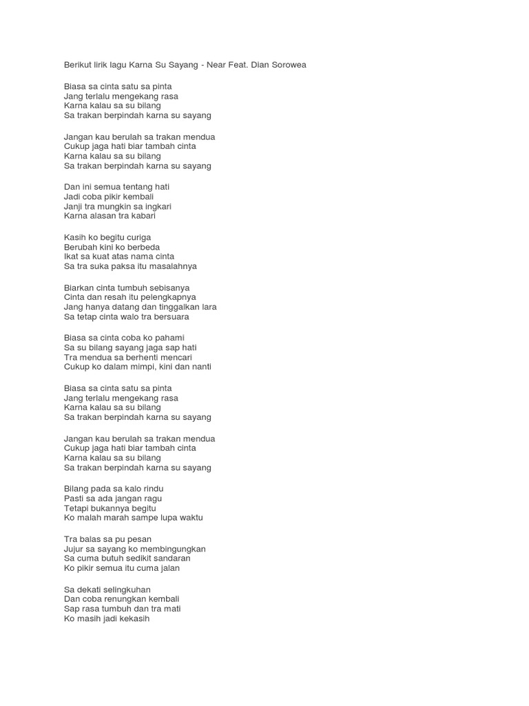 Berikut Lirik Lagu Karna Su Sayang Pdf