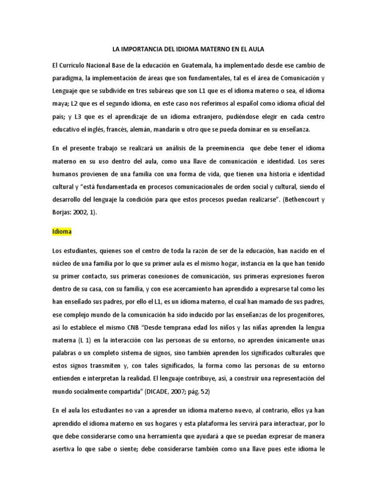 La Importancia Del Idioma Materno en El Aula | PDF | Multilingüismo ...