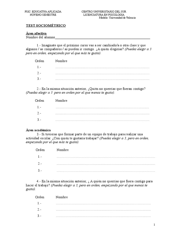 Test Sociométrico en Psicología Escolar | PDF | Sicología ...