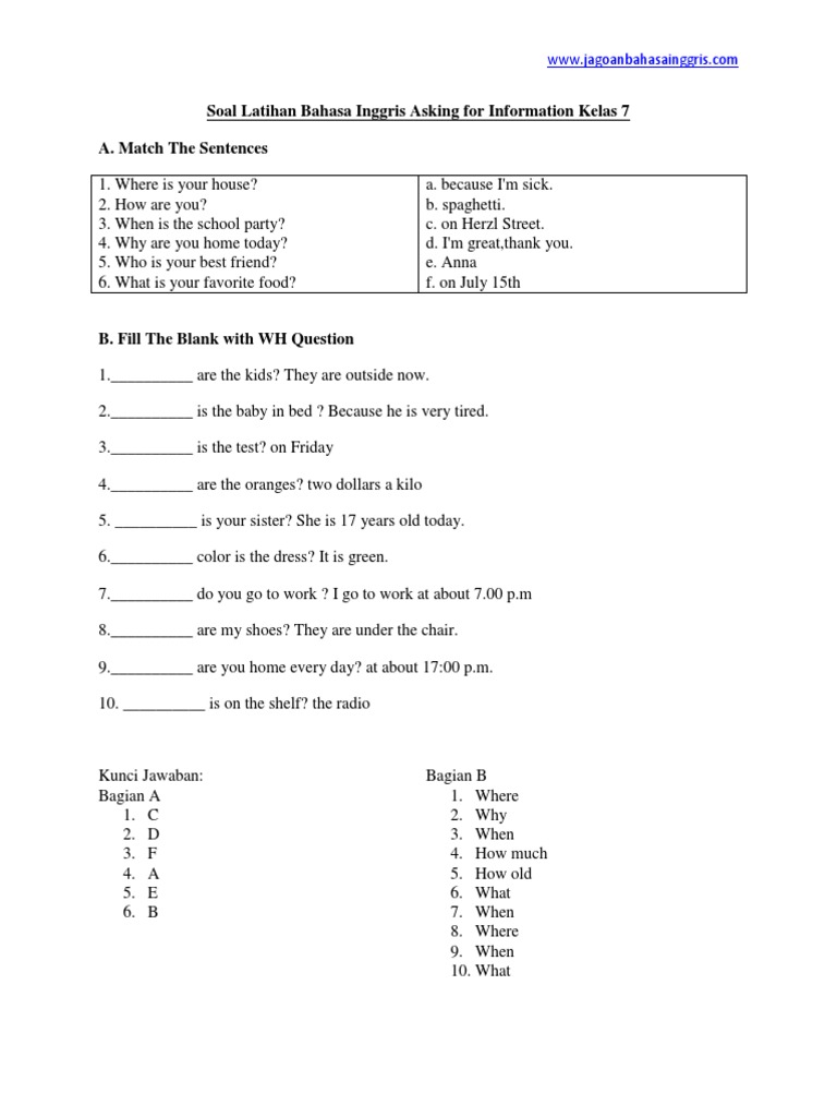 Soal Latihan Bahasa Inggris Asking For Information Kelas 7