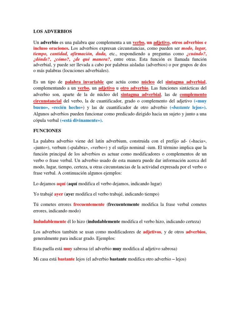 Funciones y Tipos de Adverbios en Español | PDF | Adverbio | Relaciones ...