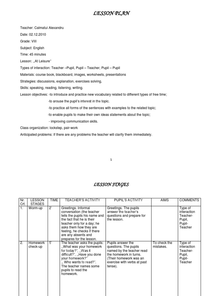 LESSON PLAN at Leisure VIII PDF Lesson Plan Homework