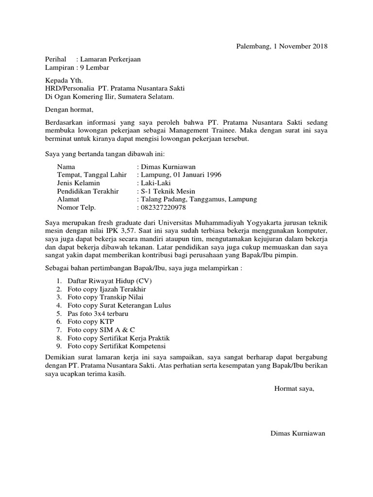 Contoh Surat Lamaran Kerja Hrd Personalia Edukasi Lif Co Id 