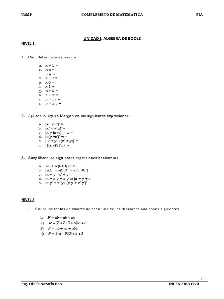 Separata De Construccion Algebra De Boole Algebra Abstracta