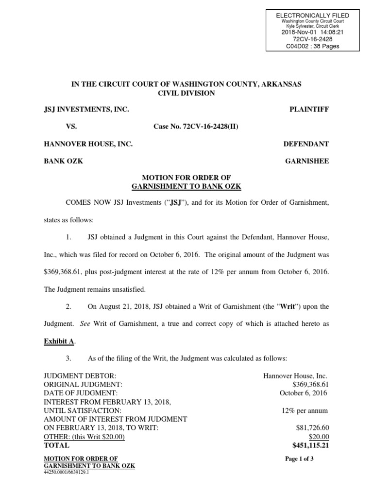 Hhse JSJ Ozark Bank Garnishment PDF Garnishment Common Law