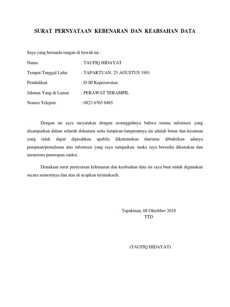 Yuk Lihat Contoh Surat Pernyataan Kebenaran Data Terbaik  Inilah