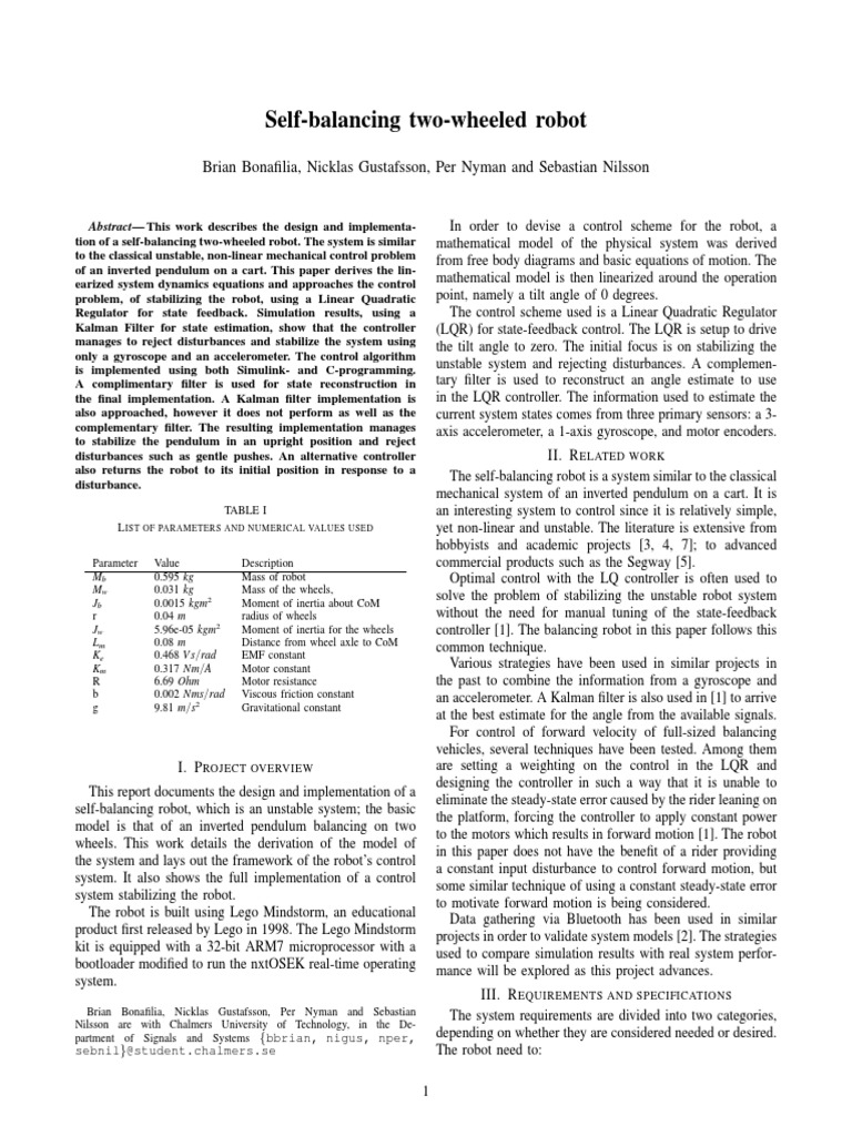 Self Balancing Robot PDF | PDF | Control Theory | Kalman Filter