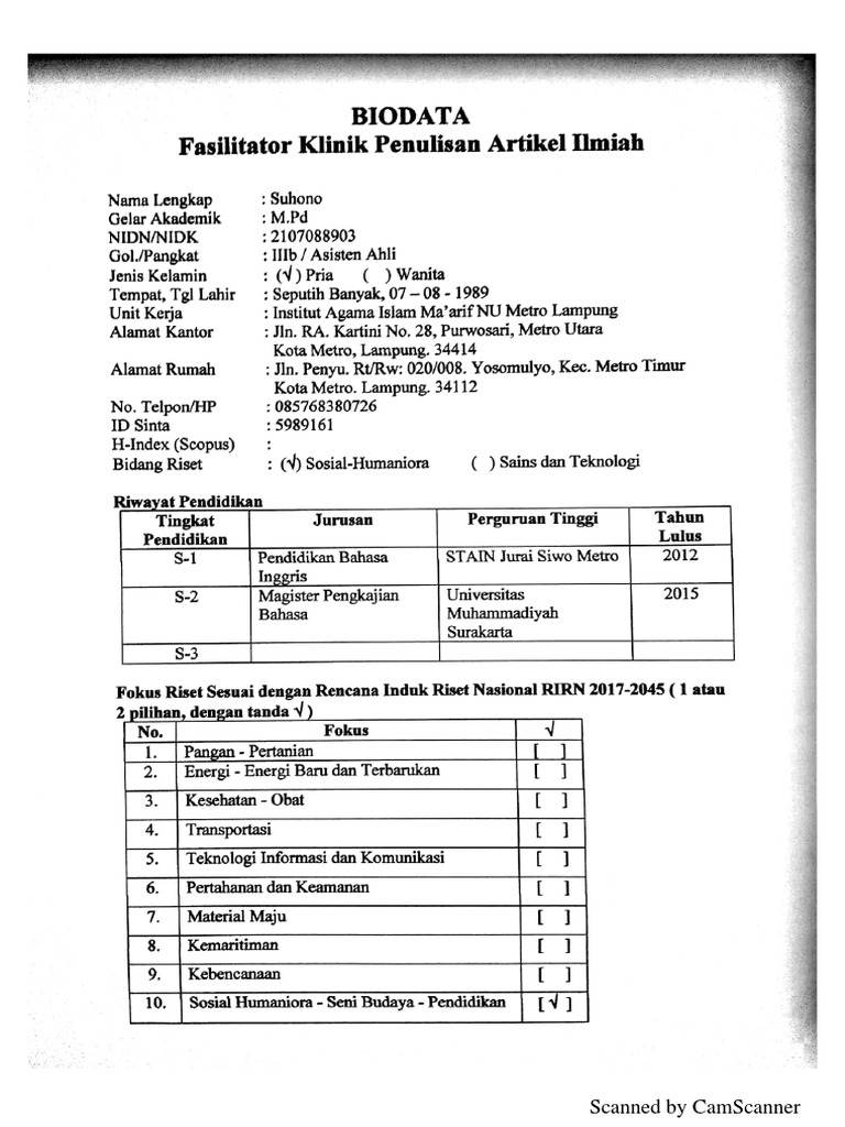 Contoh Biodata Fasilitator Klinik Penulisa Jurnal | PDF