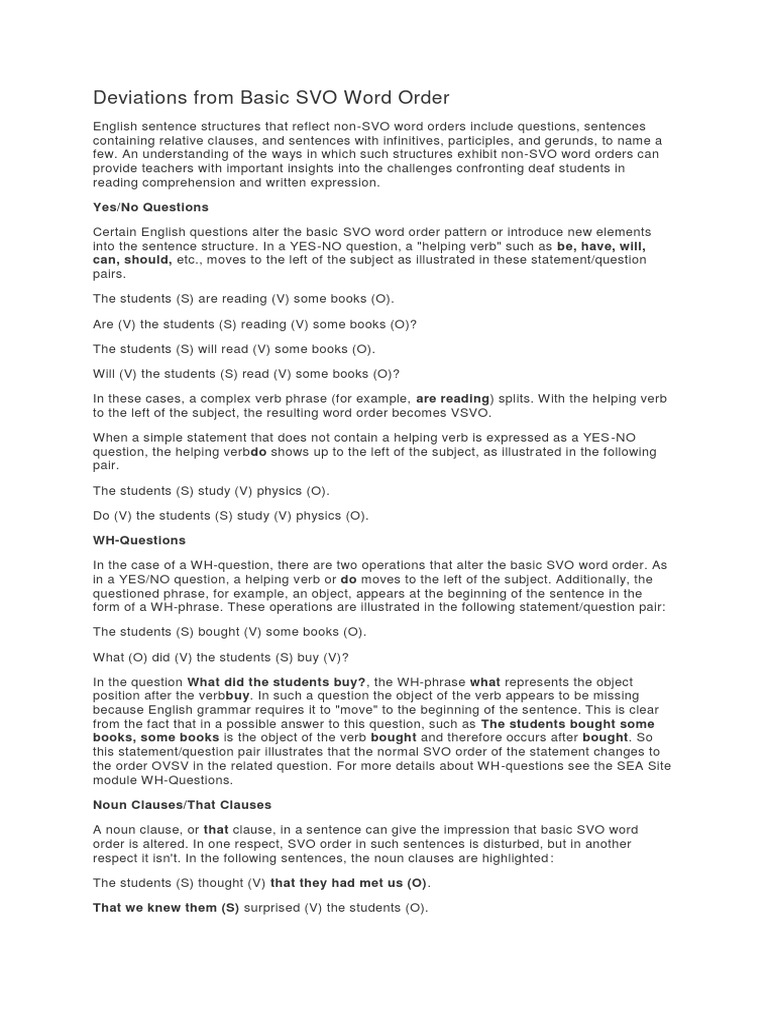 Deviations From Basic Svo Word Order Sentence Linguistics Subject Grammar