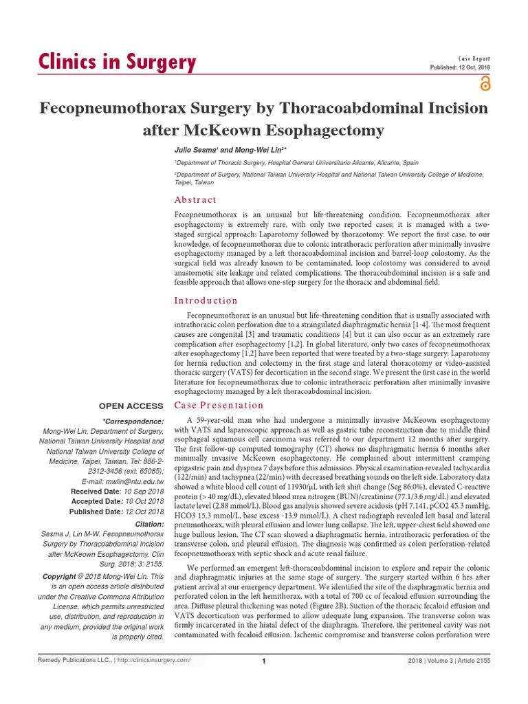 Clinics in Surgery: Fecopneumothorax Surgery by Thoracoabdominal ...