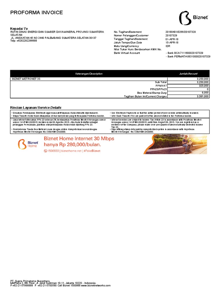 Proforma Invoice Biznet 1500933 | PDF