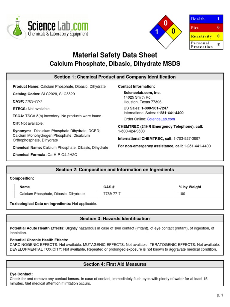 Calcium Phosphate, Dibasic, Dihydrate MSDS Section 1 Chemical Product