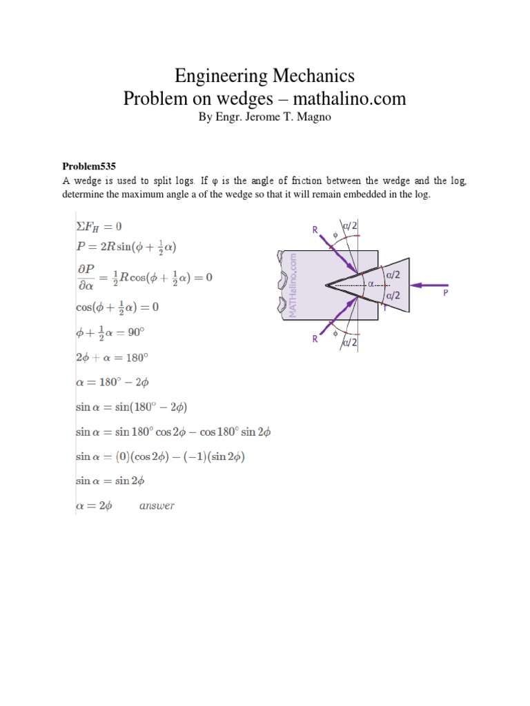 Engineering Mechanics Problems On Wedges | PDF
