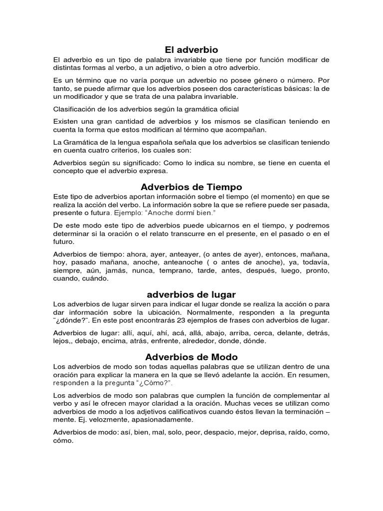 Definición y tipos de adverbios | PDF | Adverbio | Violencia