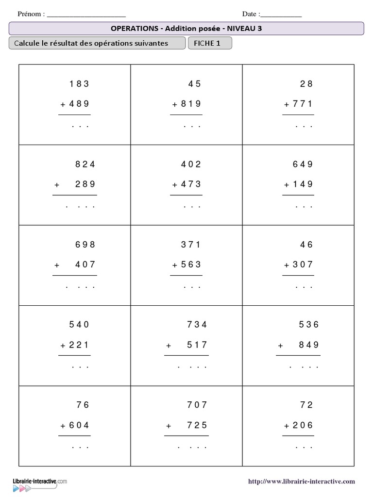 Addition posée niveau 3 exercices | PDF