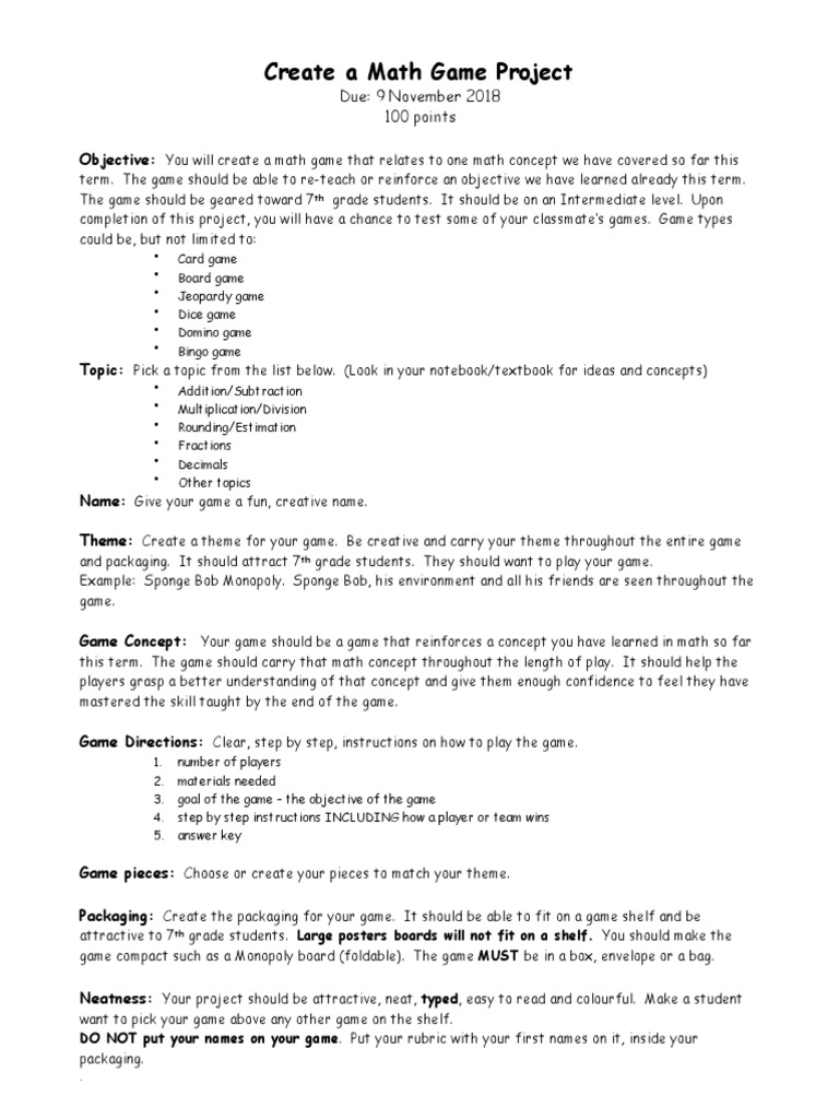 Boardgameproject For Math Week | PDF | Rubric (Academic) | Teaching ...