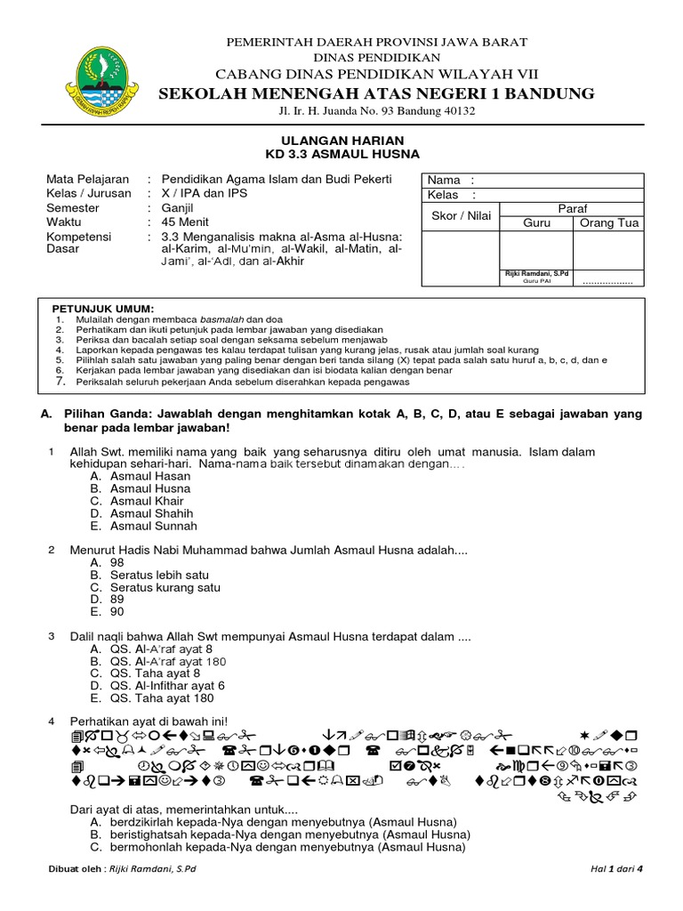 Soal Tentang Asmaul Husna Kls 10 Semester 2 Beserta Jawabannya